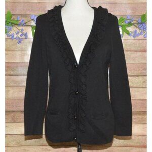 Talbots Black Ruffle Front Button Up V-Neck Ribbed Cardigan Sweater Size L